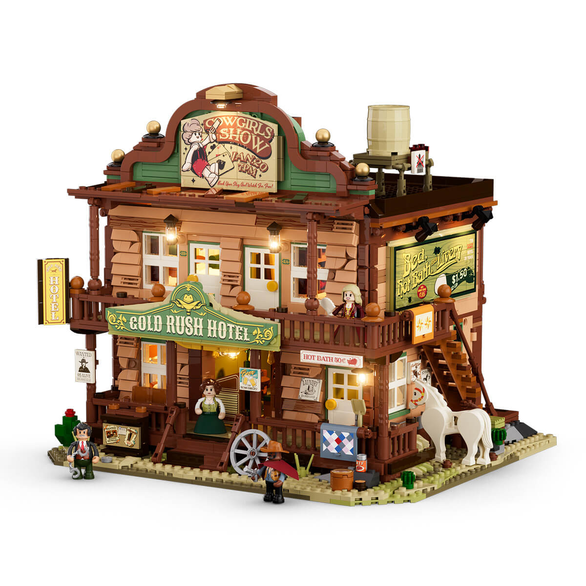 Lumibricks Old West Inn 14014 full front view with LED nightscape lighting