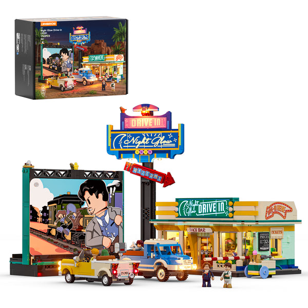 Retro drive-in theater building set with LED lights glowing at night, Lumibricks L9081 full model front view