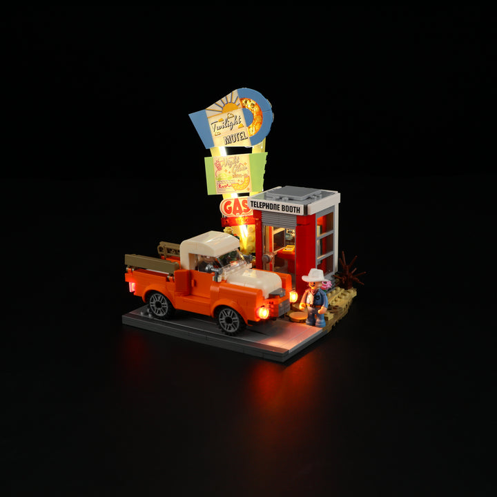Angled view of Lumibricks L9082 showcasing classic car and nostalgic roadside telephone booth
