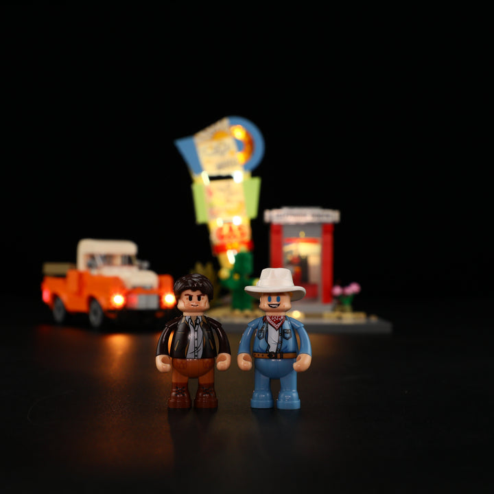 Lumibricks L9082 minifigure scene beside classic car with nostalgic roadside setup