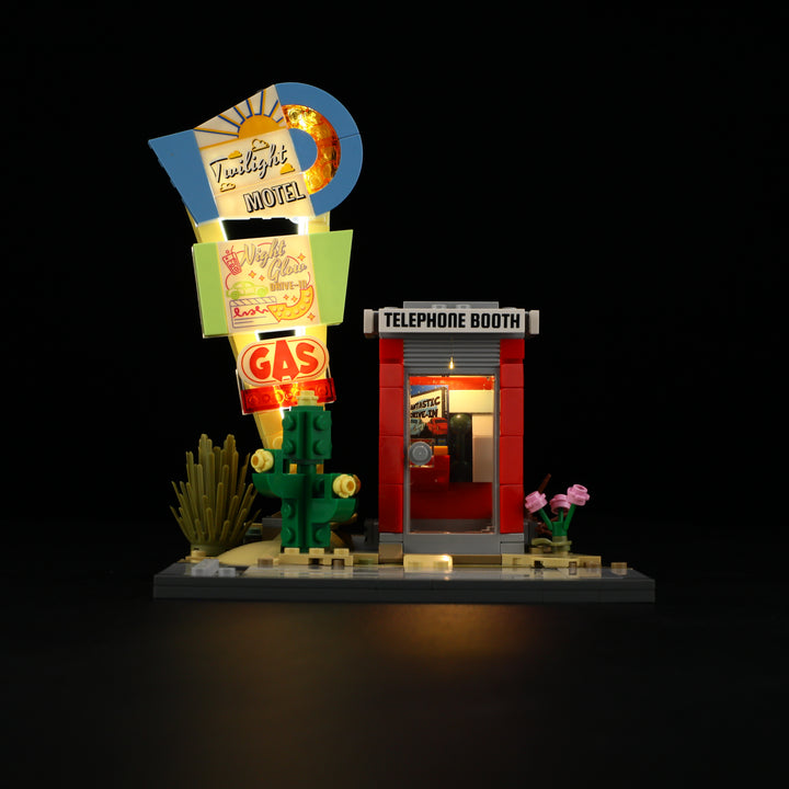 Exterior view of Lumibricks Sunset Stopover telephone booth with checkered base