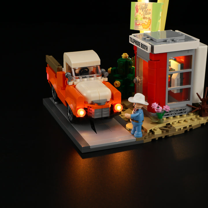 Back view of Lumibricks L9082 Sunset Stopover showing building structure and car details