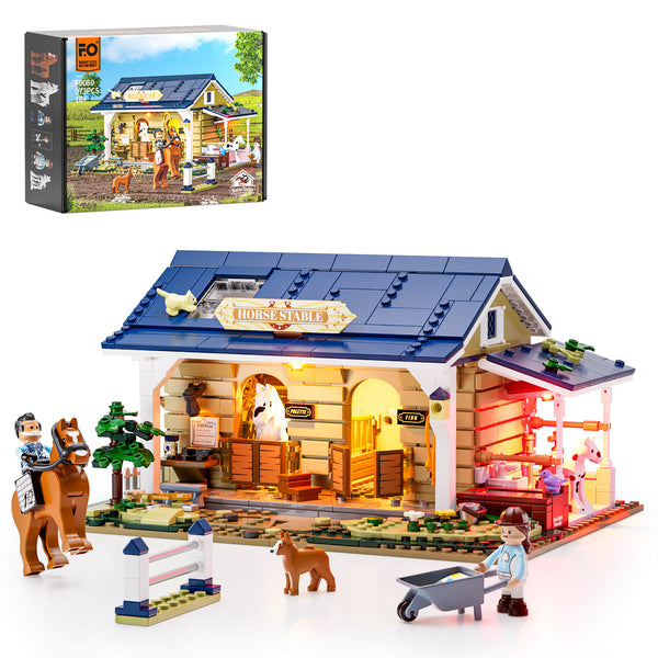 Front view of Lumibricks Horse Stable F9080, featuring a tan stable, a rider minifigure, and a horse figure on a brown baseplate.