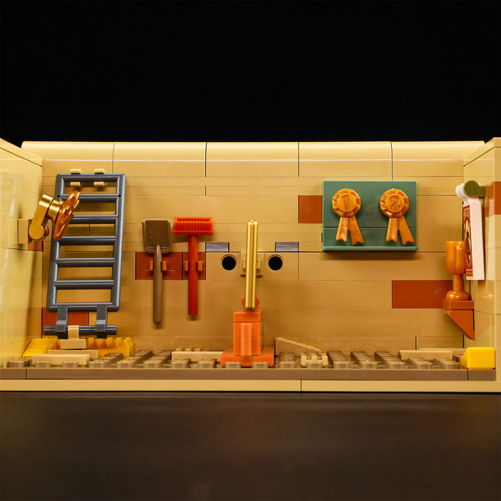Rear-facing scene of Lumibricks Horse Stable F9080 highlighting the horse inside, clean flooring, and stable cleaning accessories.