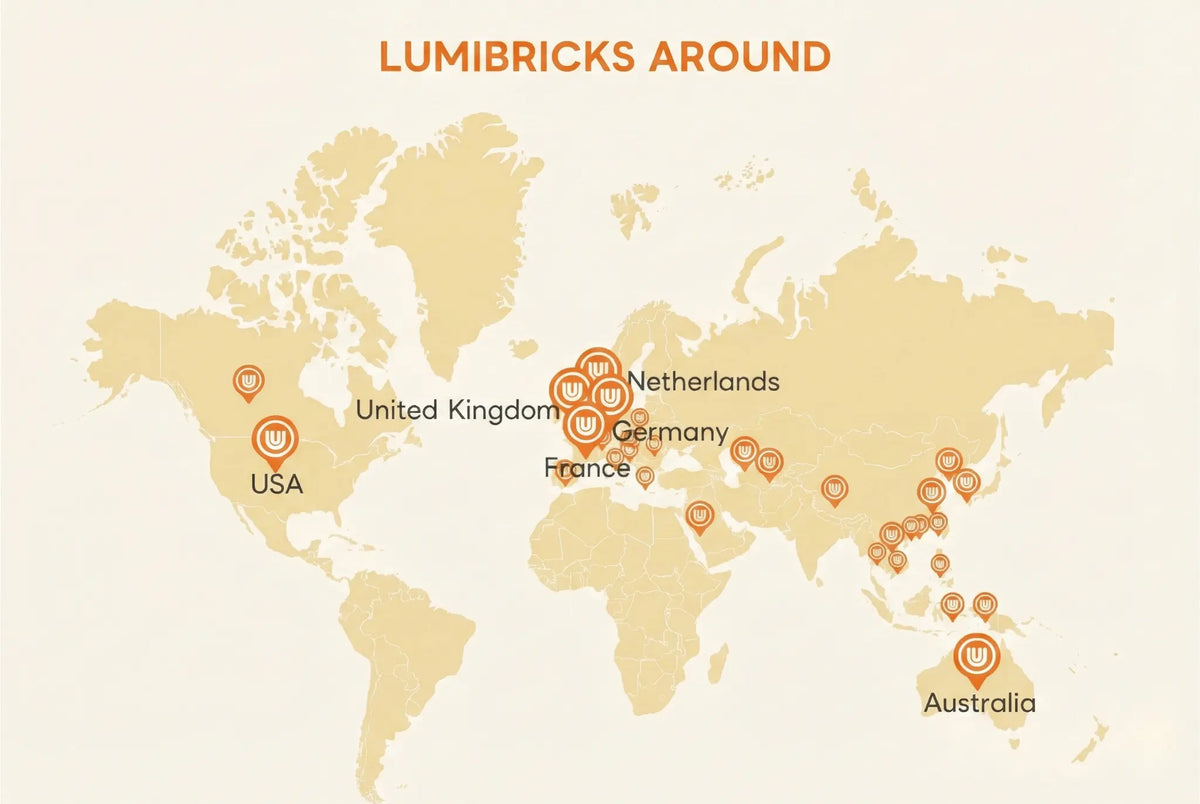 World map with locations marked by pin icons labeled 'Lumibricks Around'.